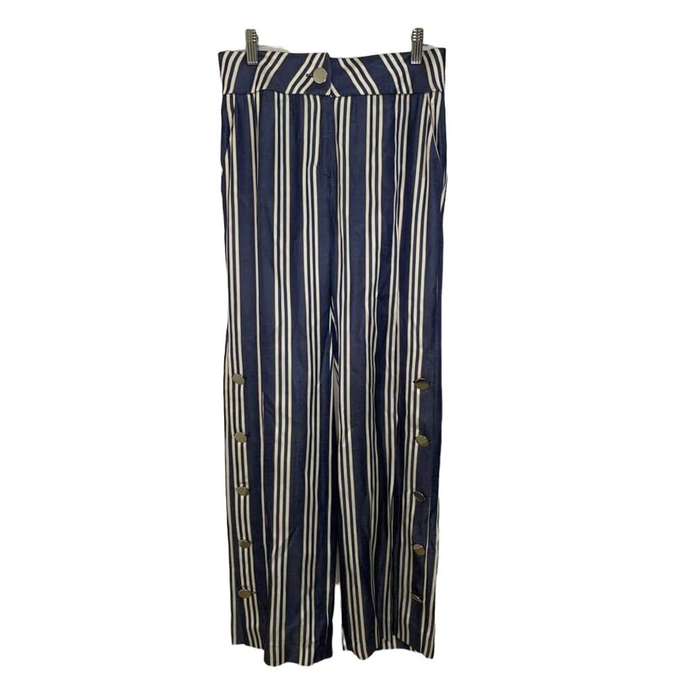 Nautical Coastal Vilagallo Navy Striped Wide Leg Button‎ Sailor Pants 38